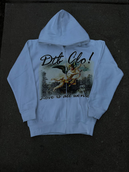 DTB “LOVE IS ALL WE NEED” ZIP UP WHITE HOODIE