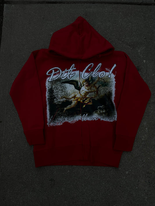 DTB “LOVE IS ALL WE NEED” ZIP UP RED HOODIE